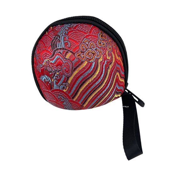 Compact Red Brocade Tea Caddy Hard Shell Zipper Case With Wrist Strap For Tea Cu - Picture 1 of 6